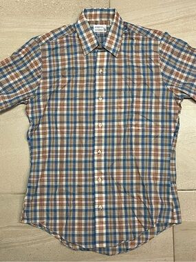 Vintage Jordan Marsh Blue, Brown & Cream Plaid Short-Sleeve Button-Down Shirt